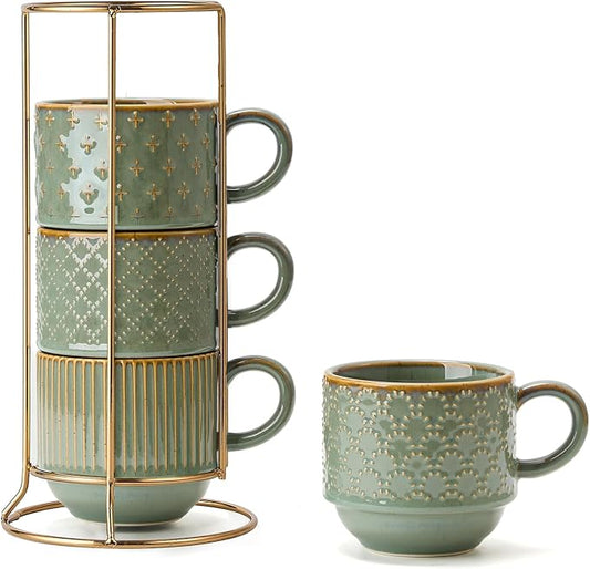 JIEMEI HOME Large Ceramic Coffee Mug Set of 4 with Stand, 15 Oz Stackable Embossment Ribbed Latte Cup Set for Cappuccino, Latte, Tea, Hot Cocoa, Drinks - Dishwasher & Microwave Safe, Vintage Turquoise by JHJIEMEIHOME