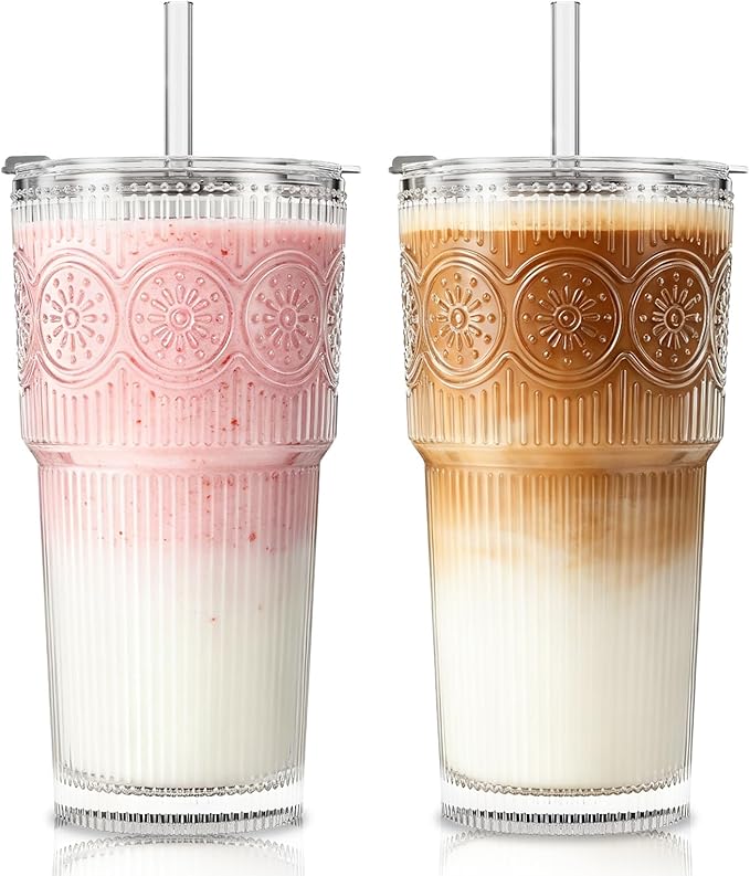 SoulTimes 20oz Ribbed & Floral Glass Tumbler with Lid and Straw – Iced Coffee Glasses Cups for Smoothie, Matcha, Juice, Water etc. Leakproof and Reusable Glassware Drinking for Travel To Go [2Pcs] by SoulTimes