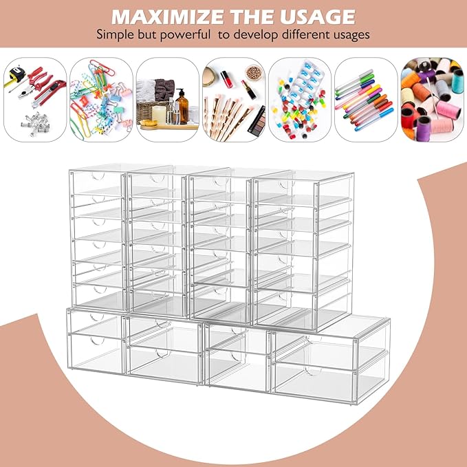 2 Pack Desk Organizers, Makeup Organizer Storage with 7 Drawers, Desktop Office Supplies, Clear Desk Accessories, Dustproof Drawer Organizer and Storage for Make Up, Jewelry, Pen