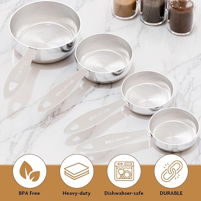2PCS 1Cup(250ml) Stainless Steel Measuring Cup, Heavy-duty Single Metal Scoop for Wet and Dry Ingredients, Great Kitchen Gadgets for Cooking