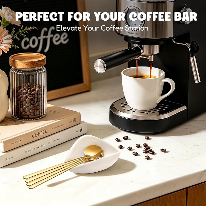 Coffee Bar Accessories: Espresso Accessories - Coffee Stirrers for Hot Cocoa Bar Supplies - Set of 4 Gold Decor Coffee Spoons with 1 Ceramic Spoon Rest - Ideal CoffeeLover Gifts - Image 3