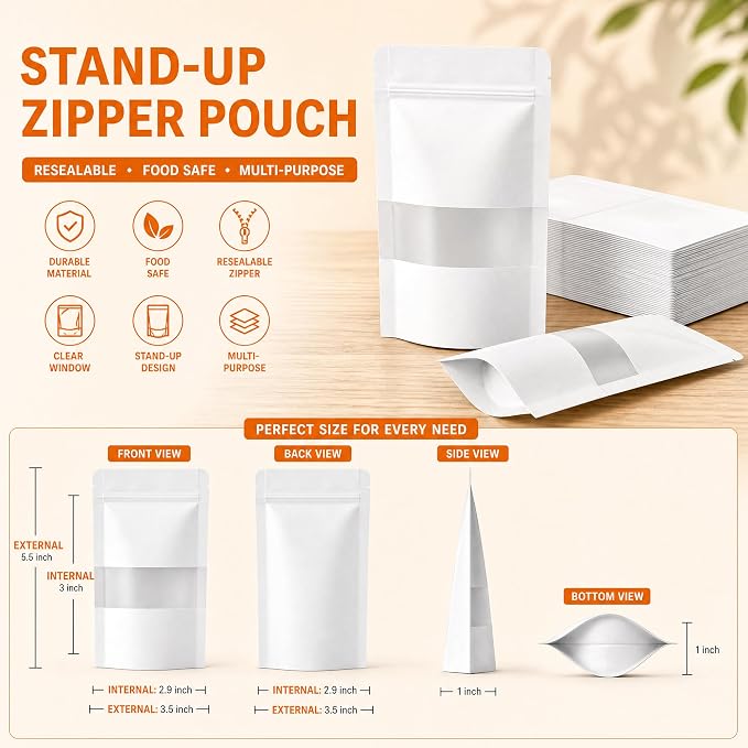 100 Pcs White Kraft Paper Bags with Window, 3.5" x 5.5" Stand Up Pouches Bags, Food Storage Bags for Packaging Products, Reusable, Sealable - Image 3