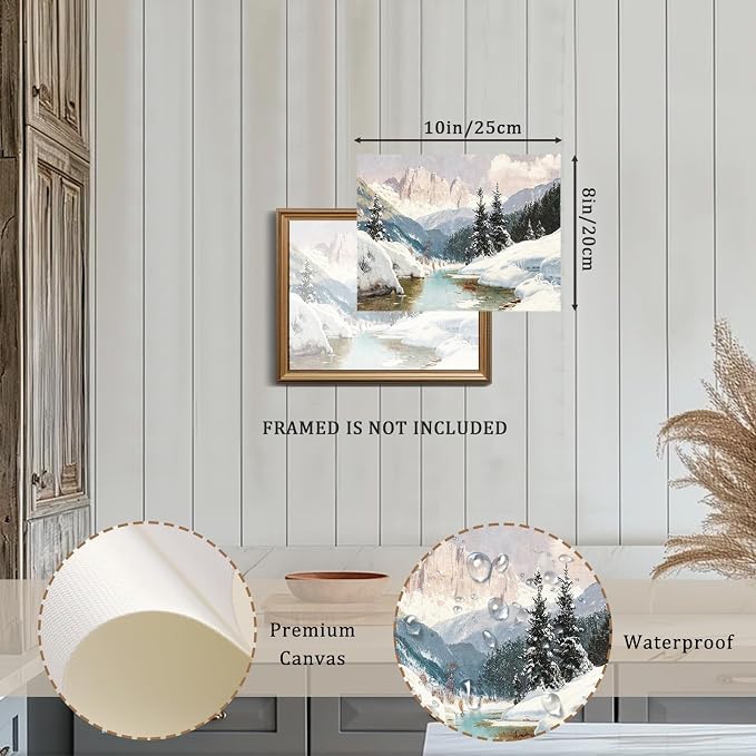 XOCUUI Vintage Unframed Canvas Wall Art, Snow Stream River Tree Cloud Winter Christmas Wall Art, Farmhouse Landscape Art Hanging Paintings for Living Room Bathroom Bedroom,8x10in - Image 3
