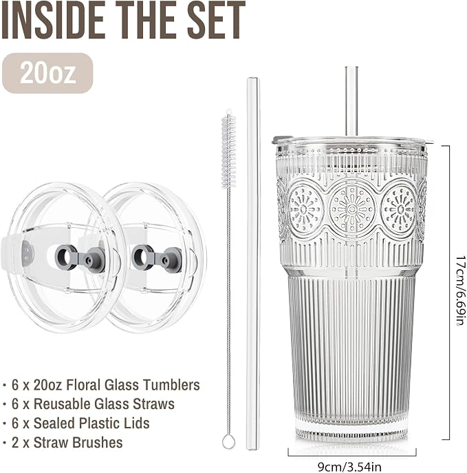 SoulTimes 20oz Ribbed & Floral Glass Tumbler with Lid and Straw – Iced Coffee Glasses Cups for Smoothie, Matcha, Juice, Water etc. Leakproof and Reusable Glassware Drinking for Travel To Go [6Pcs] - Image 3