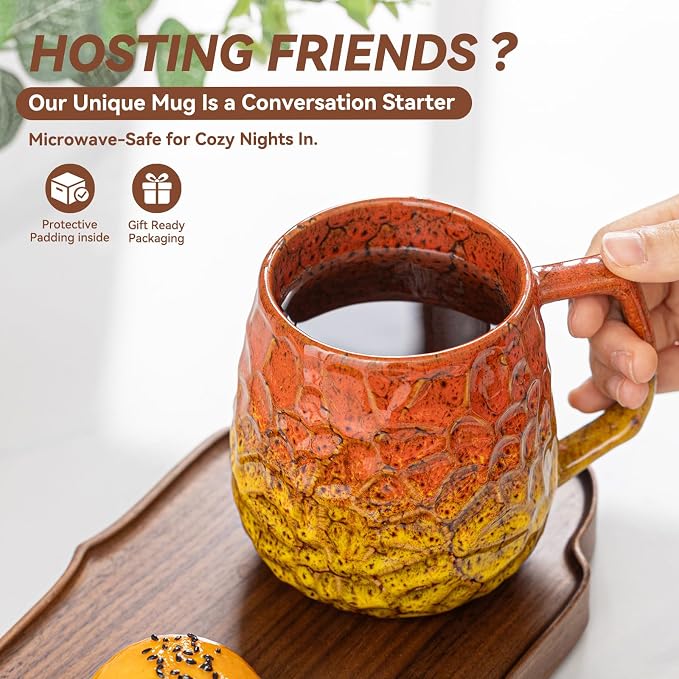 18oz Unique Orange & Yellow Kiln-Change Ceramic Coffee Mug, Handcrafted Hammered Texture Ceramic Mug with Ergonomic Handle, Microwave & Dishwasher Safe, Gift for Coffee Lovers, Home Office Daily Use - Image 2
