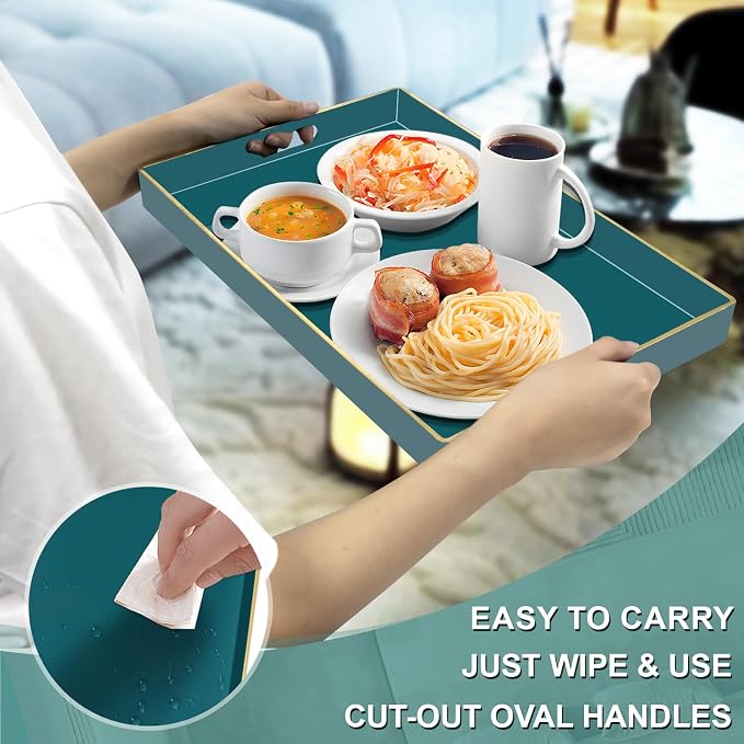 MAONAME Teal Decorative Tray for Coffee Table, Serving Tray with Handles | Plastic Melamine Tray, Modern Ottoman Tray, Rectangular Countertop Organizer Tray for Living Room, 15.8"L x 10.2"W x 1.4"H - Image 4