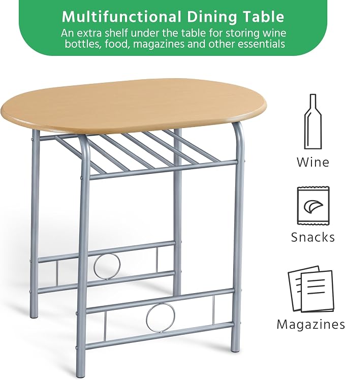 Yaheetech 3 Piece Dining Table Set, Kitchen Table & Chair Sets for 2, Compact Bistro Table Set with Steel Legs, Built-in Wine Rack for Small Space, Apartment, Breakfast Nook, Natural - Image 5