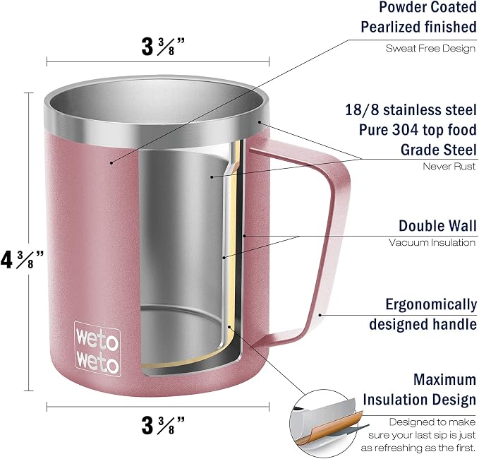 WETOWETO 14 oz Coffee Mug, Vacuum Insulated Camping Mug with Lid, Double Wall Stainless Steel Travel Tumbler Cup, Coffee Mugs Outdoor, Powder Coated Rose Gold Set of 2 - Image 3