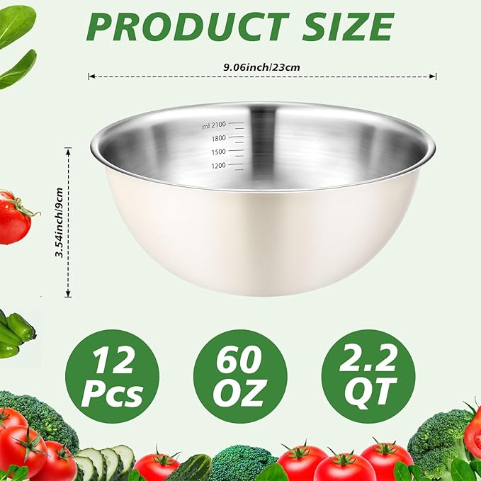 12 Pcs Stainless Steel Mixing Bowls Nesting Metal Prep Salad Bowls with Scale Reusable Baking Cooking Food Soup Storage Organizers for Kitchen Refrigerator(2.2QT)