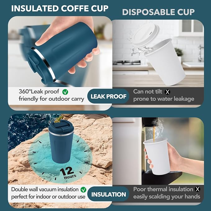 Volhoply 12 oz Double Wall Insulated Vacuum Travel Coffee Mug with Flip Lid Bulk 8 Pack,Reusable Stainless Steel Leak Proof Coffee Cup,Portable Cafe Thermal Tumblers for Hot & Cold Drinks(Bule,8 Set) - Image 3