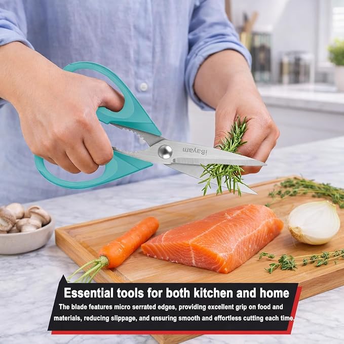 Small Kitchen Scissors 8-inch, iBayam 2 Pack Kitchen Shears All Purpose | Meat Scissors Poultry Shears, Dishwasher Safe Food Cooking Scissors Heavy Duty Stainless Steel Utility (Black, Aqua Sky) - Image 4