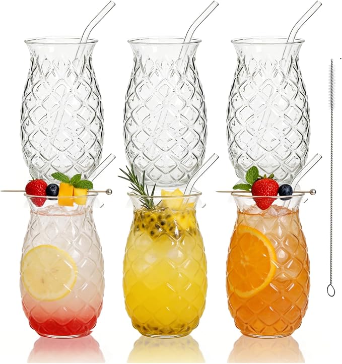 6 Pack Pineapple Drinking Glasses with Straws, 17 Oz Cocktail Cups | Clear Pina Colada Glass Bottles, Retro Relief Pineapple Cups Glassware Set for Cocktail, Juice, Water, Milk by Acshio