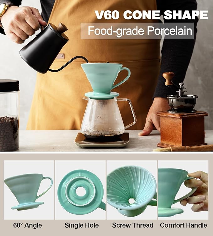 Pour Over Coffee Dripper - Ceramic Pour Over Coffee Maker Cone, Porcelain Coffee Drip, Pour Over Single Cup, Manual Brew Maker for Home, Cafe, Office - 1-4Cup, V60 Size 02 (Lake blue)