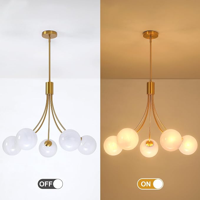 Bubble Chandelier, Modern Sputnik Dining Room 5-Light Chandelier with Gold Finish and Glass Globes for Kitchen Bedroom Foyer and Living Room - Image 2