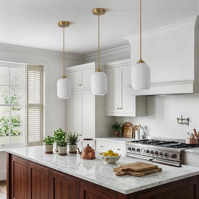 KCO Lighting Brass Gold Mini 5.5” Ribbed Cylinder White Glass Pendant Light | Adjustable Cord E26 Hardwired Hanging Lamp Mid Century Modern Vintage Hanging Light for Kitchen Island Bedroom Dining Room - Image 5