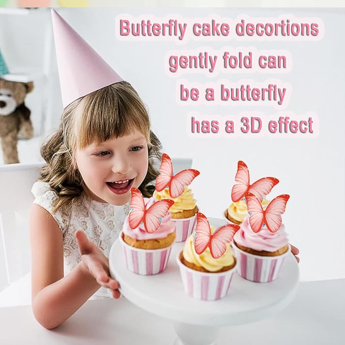 48PCS Wafer Paper Butterfly Cake Toppers YOcity Edible Butterflies for Cake Decorations Red Butterfly Cupcake Toppers for Birthday Party Wedding Food Decorations (Red) - Image 4