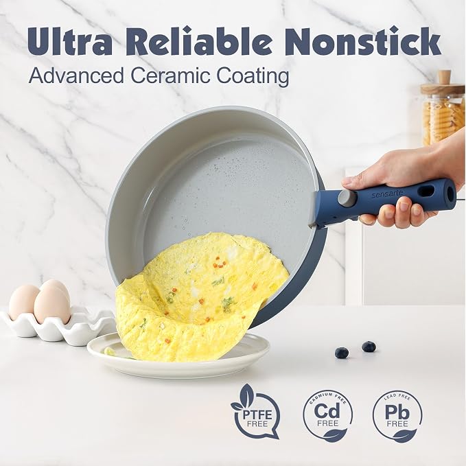SENSARTE 24 Piece Ceramic Detachable Handle Pots and Pans Set Navy | Ceramic Cookware Set, Induction Cookware Set with Removable Handle, Healthy Non Stick for RV, Dishwasher ＆ Oven Safe - Image 4