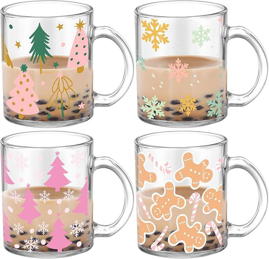 Tioncy 4 Pcs Christmas Coffee Mugs 12 oz Christmas Glass Cups with Handle Xmas Tree Gingerbread Snowflakes Coffee Cup Sweet Xmas Gifts Drinking Containers for Holiday Party by Tioncy
