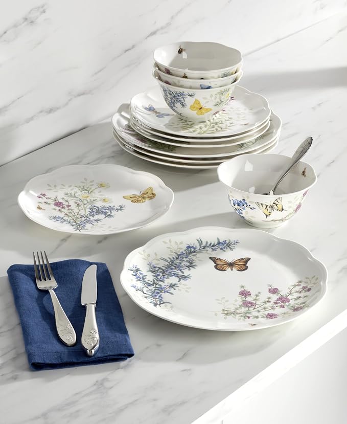 Lenox Porcelain Dinnerware Sets For 4, Butterfly Meadow Herbs 12-Piece Dinnerware Set, Service For 4, Microwave Safe Plates, White Dinner Plates and Bowls Sets, Dishes, Kitchen and Dining (12 Piece) - Image 3