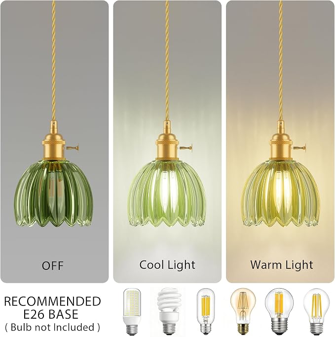 Ralbay Vintage Pendant Lights Kitchen Island,Green Tulip Glass Shade,3Packs | Mini Pendant Light Fixture with Switch,Adjustable Brass Hanging Light for Bedroom, Dining Room, Hallway,Bar - Image 4