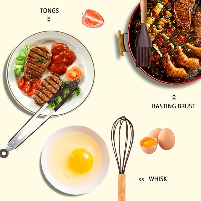 MIBOTE Silicone Cooking Kitchen Utensils Set, Wooden Handle, Coffee | BPA-Free, Non-Toxic Silicone Turner, Tongs, Spatula, Spoon Set – Great for Nonstick Cookware, Heat-Resistant, Easy Clean - Image 5