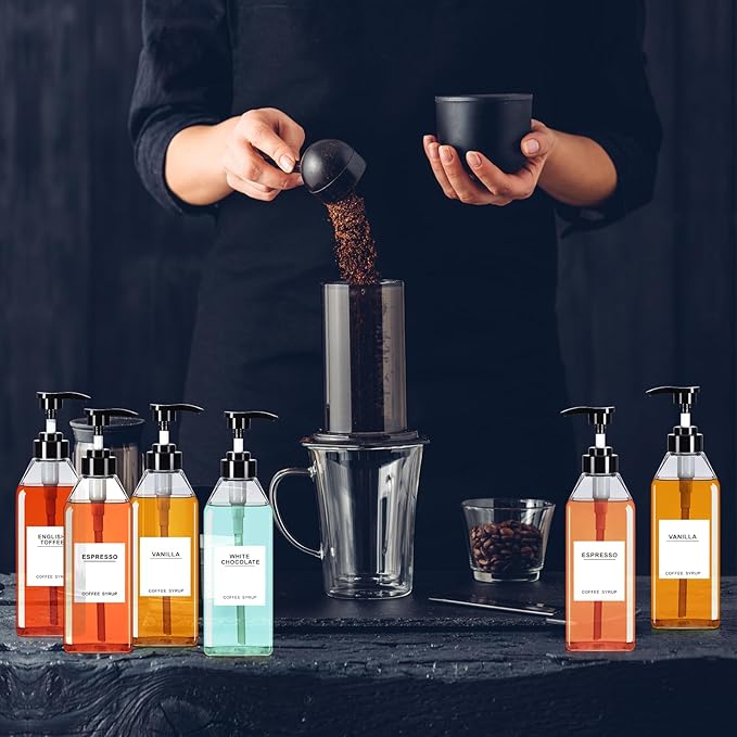 Nuogo 6 Pcs Coffee Syrup Dispenser Set 300ml, 500ml, 750ml Black Syrup Bottles with Pump Dispenser 27 Labels Kitchen Accessories(16.9 oz)