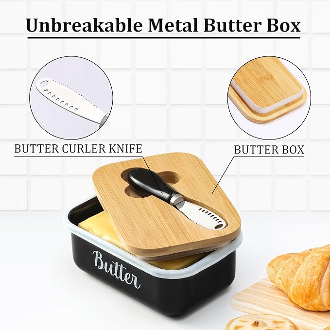 Butter Dish with Lid and Butter Curler Knife for Countertop - Unbreakable Metal Keeper Container with High-quality Double Silicone Sealing, for Kitchen Farmhouse Decor, Black - Image 5
