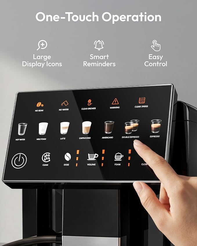 Automatic Espresso Machine, 20 Bar Coffee Maker with Grinder Built in Milk Frother, 15-Grind Settings Fully Automatic Espresso Machine with Touch Screen, Auto Self-Cleaning for Cappuccino & Latte - Image 5