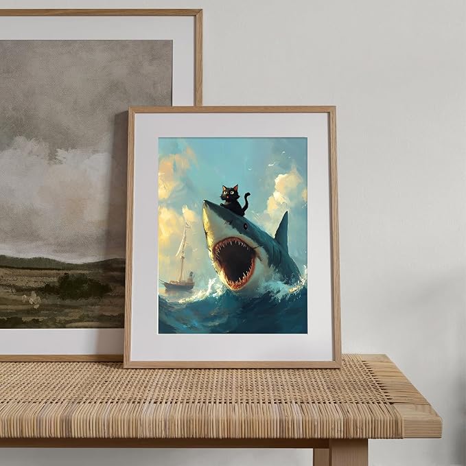 XOCUUI Cat Riding Shark Canvas Funny Cat Canvas Animal Decor Funny Shark Picture Coastal Theme Artwork Animal Prints Abstract Fish Picture Black cat Painting For Lover 8x10 - Unframed - Image 3