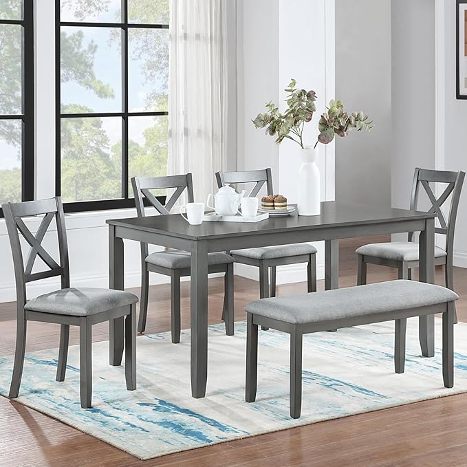 6-Piece Dining Table Set with Bench and Chairs - Solid Wood Kitchen Dining Room Table Set in Farmhouse Rustic Style, Table Set for 6 with 4 Chairs and Bench Seat.(Gray_Large) by Augabam