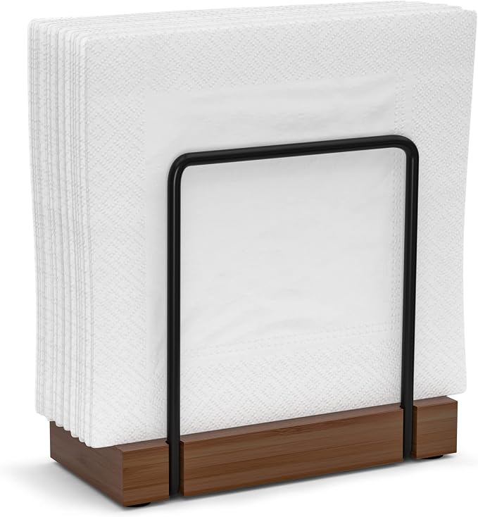Wican Napkin Holder for Table, Bamboo Iron Standing Napkin Dispenser | Kitchen Dining Table Farmhouse Cocktail Picnic Rustic Wood Holders, Suitable for All Kitchen Dining Room Decor, Black & Brown by Wican