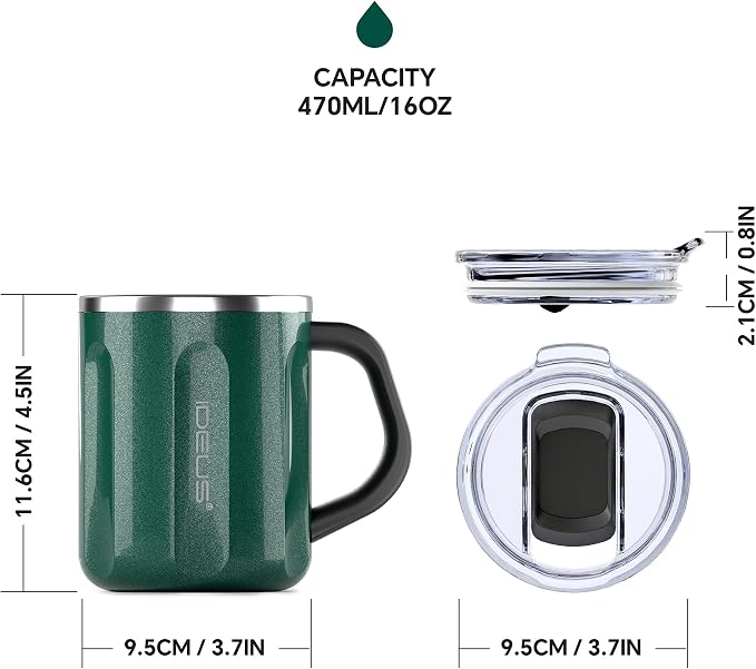 Ideus 16 oz Insulated Coffee Mug with Handle and Lid, Double Wall Stainless Steel Vacuum Thermal Coffee Mug, Travel Coffee Cup Thermal Cup for Home and Office, Deep Green-FUJI FLOW - Image 5