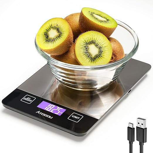 Atogou 1g/ 33lb Food Scale, Rechargeable Kitchen Scale with Full-View Backlit LCD Display, Stainless Steel Surface, USB Charging or AAA Batteries (not Included), for Baking, Cooking, Food