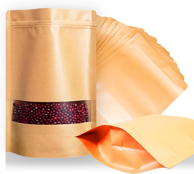 60PCS 8"X12" Kraft Paper Bags with Window,Resealable Small Stand Up Pouches for Food Storage,Reusable Zipper Lock Packaging Bags for Small Business&Personal,Candy,Cookie,Snacks,Tea,Coffee by HomePage