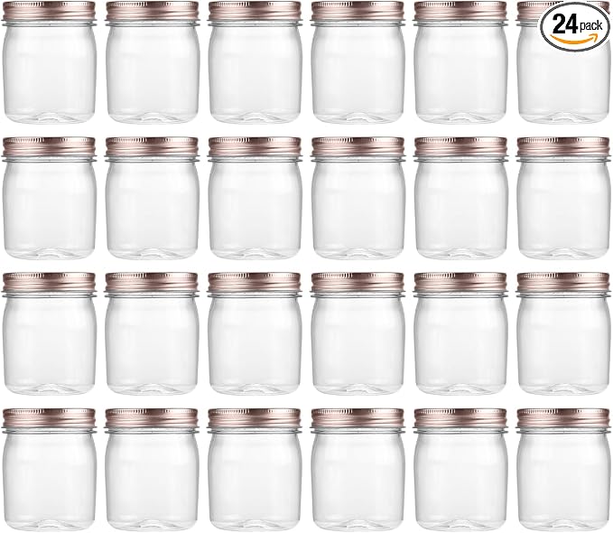 novelinks 8 oz Plastic Mason Jars and Clear Plastic Jars with Lids 8 oz | 24 Pack, Rose Gold, Plastic Containers with Lids, Small Mason Jars, Clear Jars Bulk, Spice Jars, Slime Jars, Mini Jars by novelinks