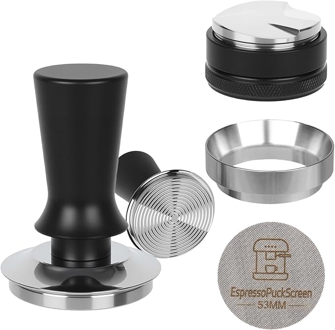 53mm Espresso Tamper Kit - Spring-loaded Coffee Tamper, Adjustable Depth Espresso Distributor Leveler, Magnetic Dosing Funnel Aluminum Metal, Reusable Puck Screen, Fit for 53mm Portafilters
