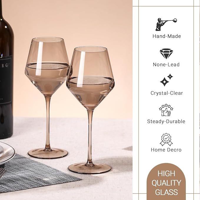 Smokey Sand Wine Glasses Set 6-16oz, Long Stem, Universal Size for White and Red Wine - Hand Blown Smoky Amber Brown Neutral Stemware for Home,Party - Image 5