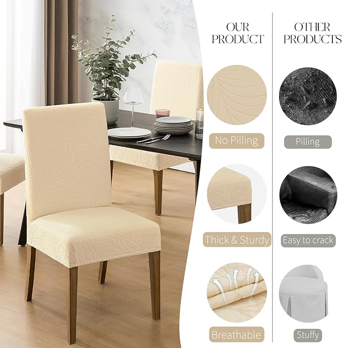MOSAYT 100% Waterproof Dining Room Chair Covers Set of 4, Super Fit Stretch Jacquard Parson Chairs Slipcovers Removable Washable Chair Seat Protectors for Home, Kitchen, Banquet (Beige) - Image 4