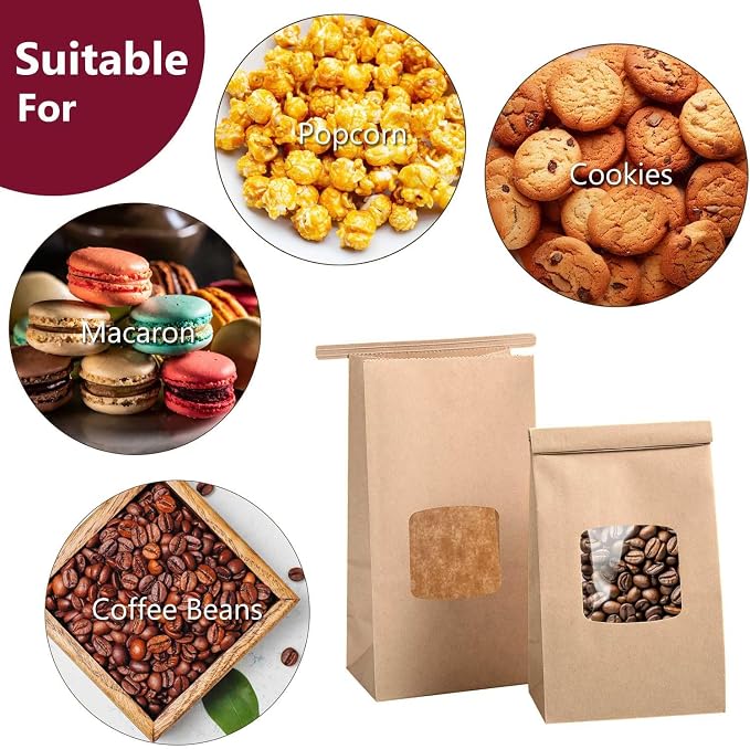 Brown Paper Bakery Bags with Window for Cookies, 3.54 x 2.36 x 6.7 inches, 50 Pack with Tin Tie Tab Lock, Brown Paper Bags for Cookie Coffee Bread Bakery Packing - Image 3