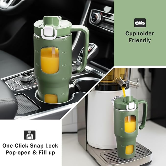 32oz Glass Tumbler with Straw Handle and 2-IN-1 Sip & Spout Lid, Reusable Iced Coffee Cup for Smoothie, Matcha, Leakproof Glass Water Bottle with Straw and Silicone Sleeve, BPA Free-Olive