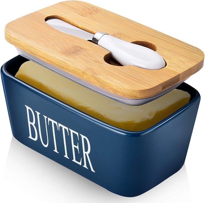 Ceramic Butter Dish with Lid and Knife & Silicone Seal for Countertop Blue | Suitable Capacity, Great Sealing, Home Decor Kitchen Gift Housewarming Gift by AISBUGUR