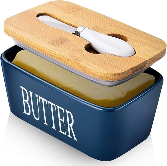 Ceramic Butter Dish with Lid and Knife & Silicone Seal for Countertop Blue | Suitable Capacity, Great Sealing, Home Decor Kitchen Gift Housewarming Gift by AISBUGUR
