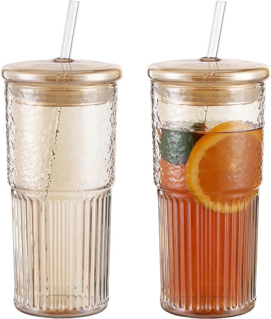 2 Pcs Ribbed Glass Tumblers, 22 oz Amber Cups with Lids and Straws, Borosilicate Glassware Set, Reusable Beverage Bottle for Iced Coffee, Smoothies, Water, Hot and Cold Drinks, 7.1 x 2.8 in by Unknown