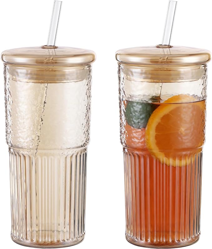 2 Pcs Ribbed Glass Tumblers, 22 oz Amber Drinking Cups with Straws and Lids, Borosilicate Glassware Set, Reusable Beverage Bottle for Iced Coffee, Smoothies, Water, Hot and Cold Drinks, 7.1 x 2.8 in by Unknown