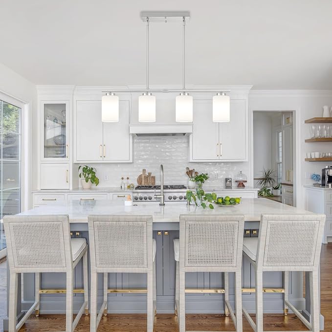 Brushed Nickel Kitchen Island Lighting Modern Dining Room Light Fixtures | 4-Light Linear Chandelier Over Table, 30'' Island Lights for Kitchen White Frosted Glass Shades, Adjustable Height - Image 2