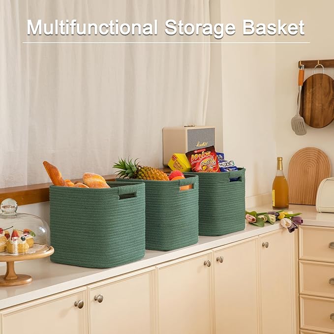 OIAHOMY Storage Cubes 11 Inch Storage Bins-3 Pack, Cotton Rope Woven Baskets for Organizing, Square Baskets for Shelves Organizer, Classroom, Toy Basket, Green