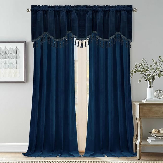 Navy Blue Tassel Velvet Valances Curtains 52x18 Inch 2 Panels | Luxury Thick Scalloped Valances for Kitchen, Office, Rod Pocket Privacy Home Decoration for Living Room - Image 7