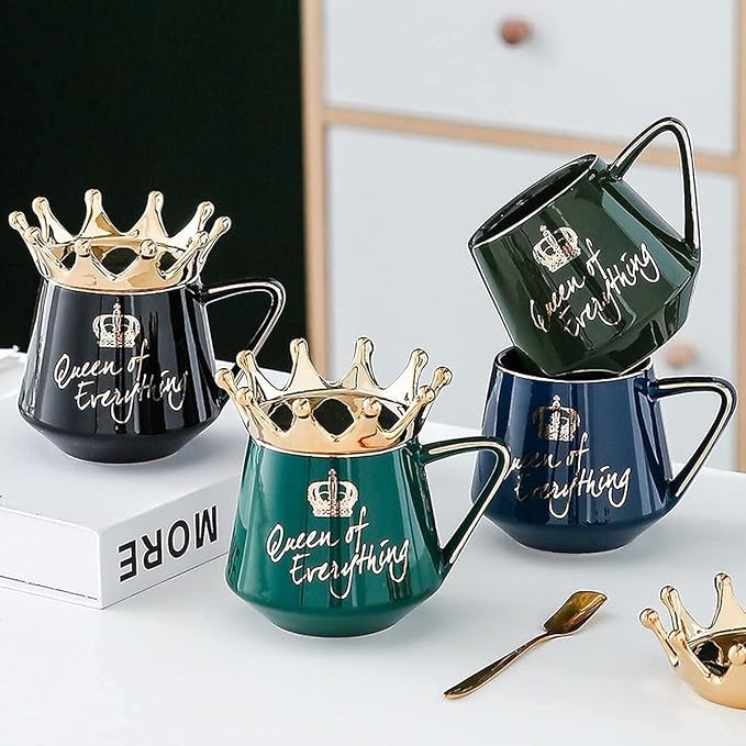 Arawat Queen of Everything Mug with Lid Cute Mugs with Crown Dark Blue Coffee Mug with Spoon & Coaster 12 oz Ceramic Tea Cup Birthday Gift for Women Girl Mom Friend Valentine's Day Gifts for Women Man - Image 4