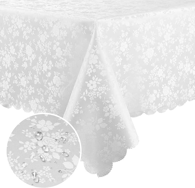 Smiry Rectangle Waterproof Heavy Duty Vinyl Tablecloths, 60 x 140 Inch | Wipeable Washable Floral Embossed Table Cover for Kitchen and Dining Room, Indoor & Outdoor Use, White by Smiry