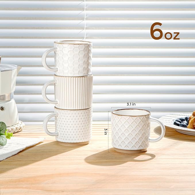 GBhome 6 OZ Stackable Coffee Mugs Set of 4, Ceramic Coffee Cups Set | 4 Assorted Designs, Embossed Mugs with Texture Patterns for Espresso/Tea, Dishwasher&Microwave Safe, Off White - Image 2